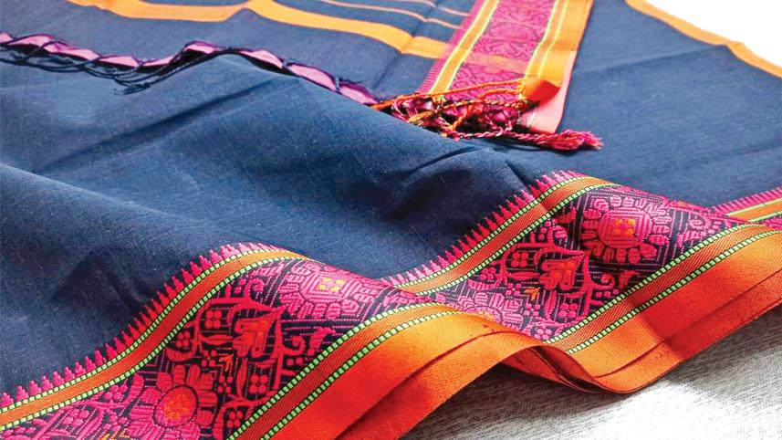 Tangail Tat Nil Katan Saree Combo Set for Women - Saree Churi Necklace Gazra Chocolate Mirror Etc